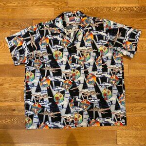 D'em Crazy Button Down Camp Short Sleeve Planes Pin Up Girls Made in USA